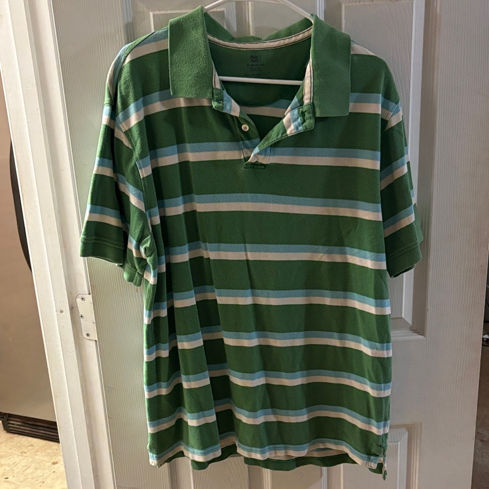 Faded Glory Green and Blue Striped Polo Shirt